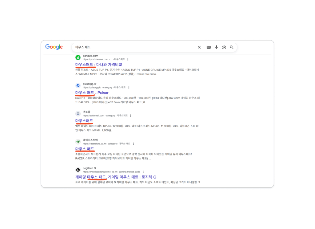 온페이지 SEO 이해를 돕기 위한 예시로 마우스패드 검색 시 나오는 결과 화면을 통해 구글은 검색 키워드 기반의 문구가 나오는 것을 확인할 수 있다